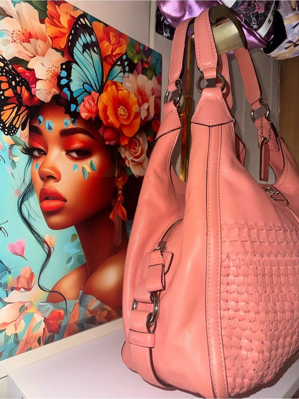 EUC Coach Coral Pink Woven Leather Hobo Shoulder Bag with Triple Entry - Picture 5 of 16